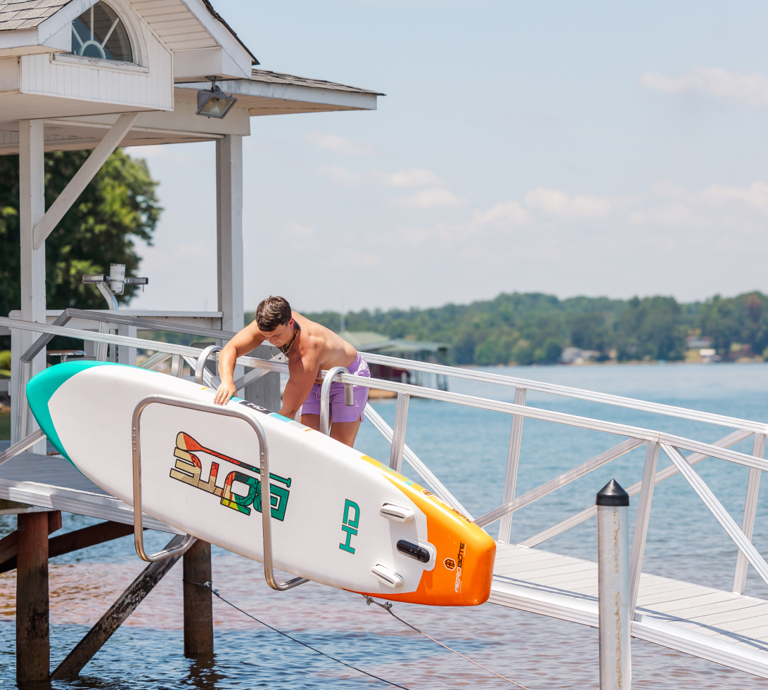 Easy surf board storage on the dock with a ramprack